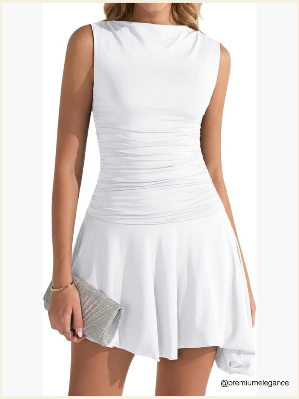 White Mini Dress A-Line Boat Neck Ruched Ruffle Graduation Party